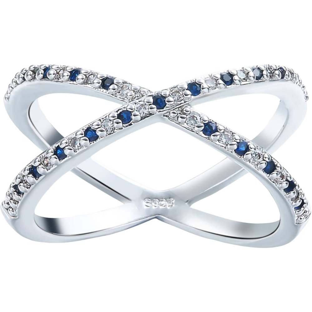 925 Sterling Silver Micro Paved CZ & Blue Sapphire Criss Cross X Ring